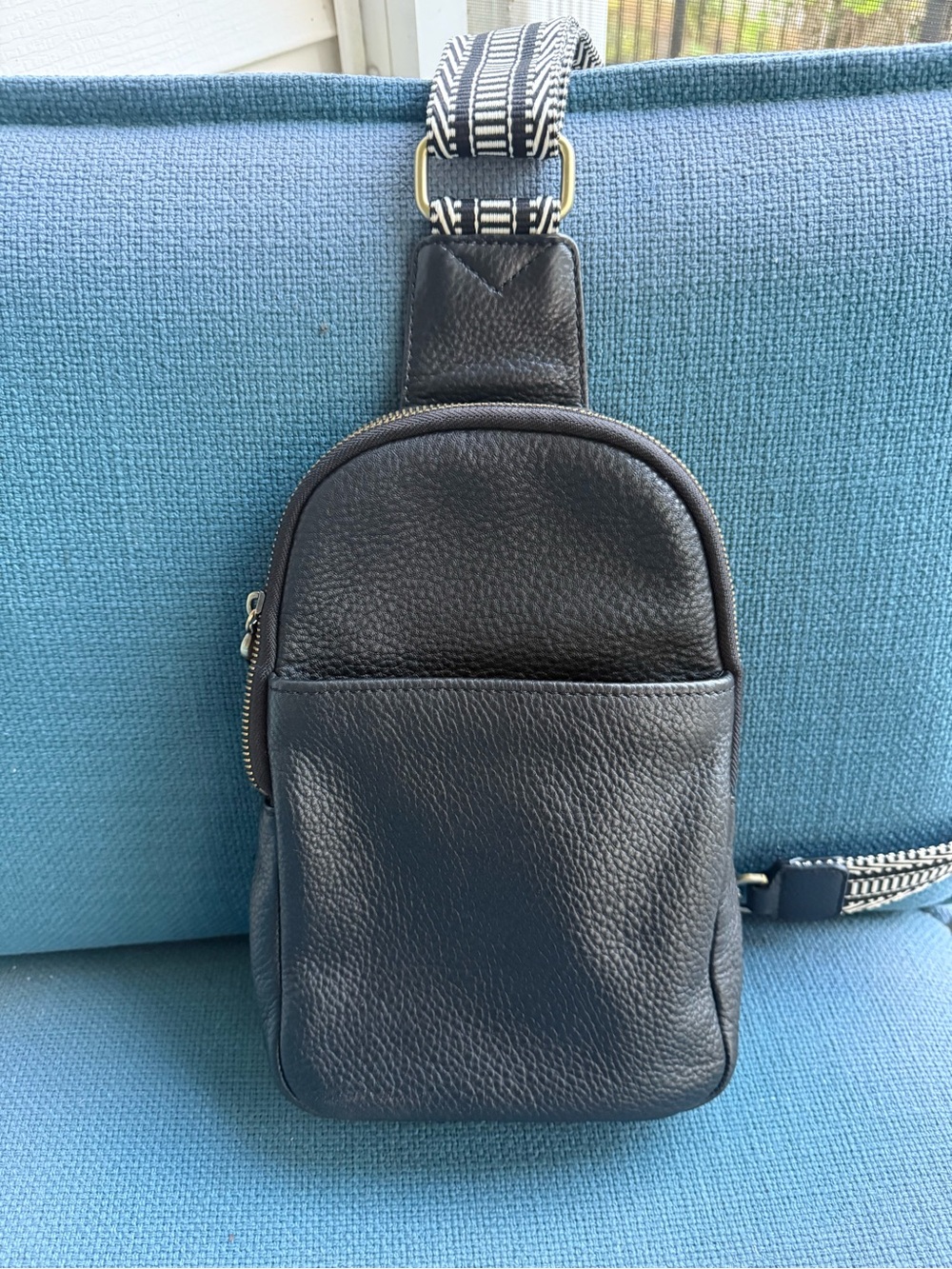 HOBO Black Pebbled Leather Crossbody Sling with Patterned Strap